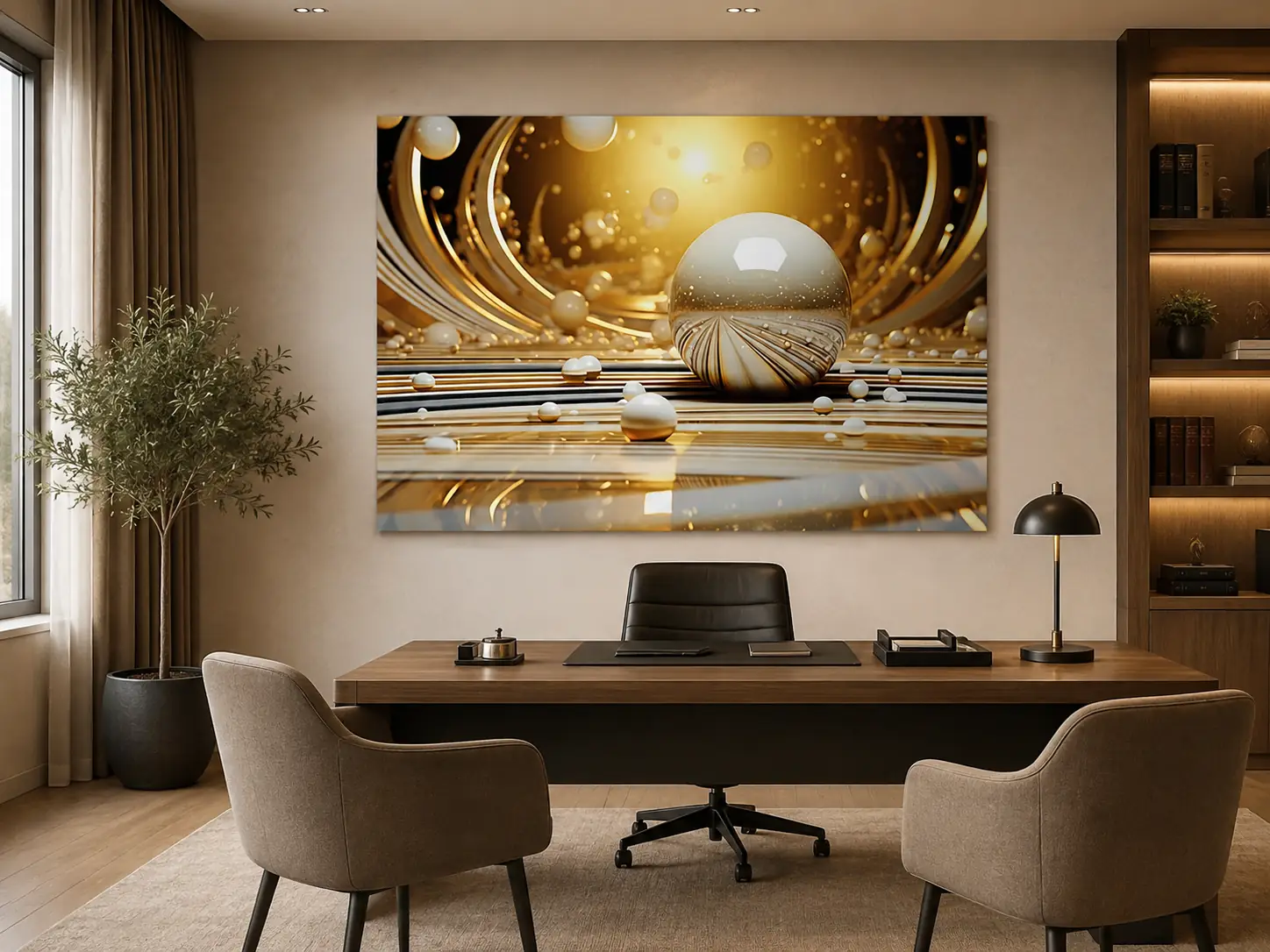 Goud Parelmoer Wanddecoratie xxl Dibond 140×120 3 XXL goud parelmoer kunstwerk op Dibond achter een bureau in een modern kantoor