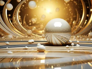 Goud parelmoer wanddecoratie XXL met witte bollen, sierlijke gouden lijnen en warme lichtgloed