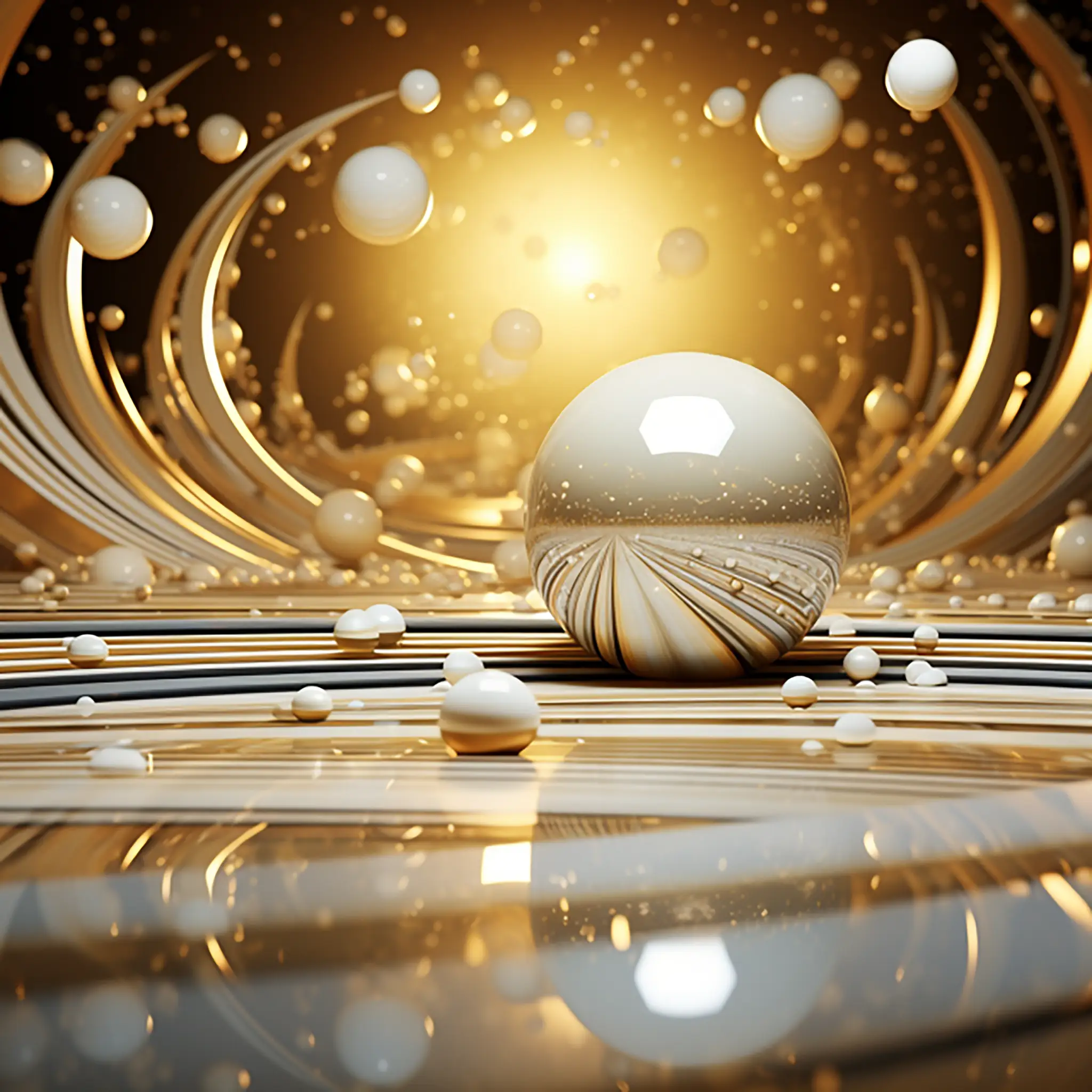 Goud Parelmoer Wanddecoratie xxl Dibond 140×120 1 Goud parelmoer wanddecoratie XXL met witte bollen, sierlijke gouden lijnen en warme lichtgloed