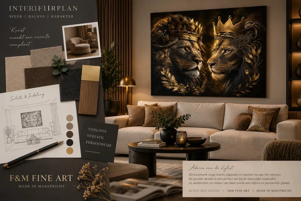 Interieurplan met materiaalstalen en gouden leeuwenkunst van F&M Fine Art voor een stijlvol woonontwerp.
