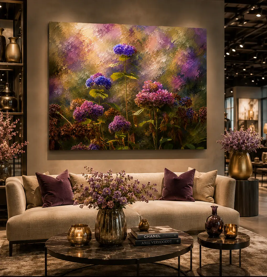 Hortensia wanddecoratie 140x120 mat dibond laatste bloei 2 Laatste Bloei hortensia wanddecoratie op Dibond 140x120 boven beige bank in luxe interieur