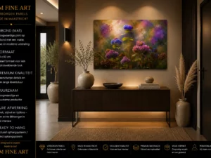 Laatste Bloei op mat Dibond 90x60 in stijlvolle hal met informatie over Verborgen Parels van F&M Fine Art