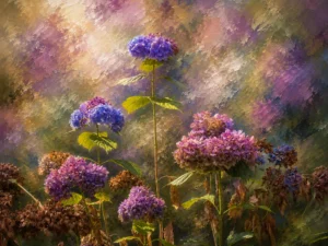 Laatste Bloei met paarse en blauwe hortensia's tegen schilderachtige achtergrond uit Verborgen Parels van F&M Fine Art