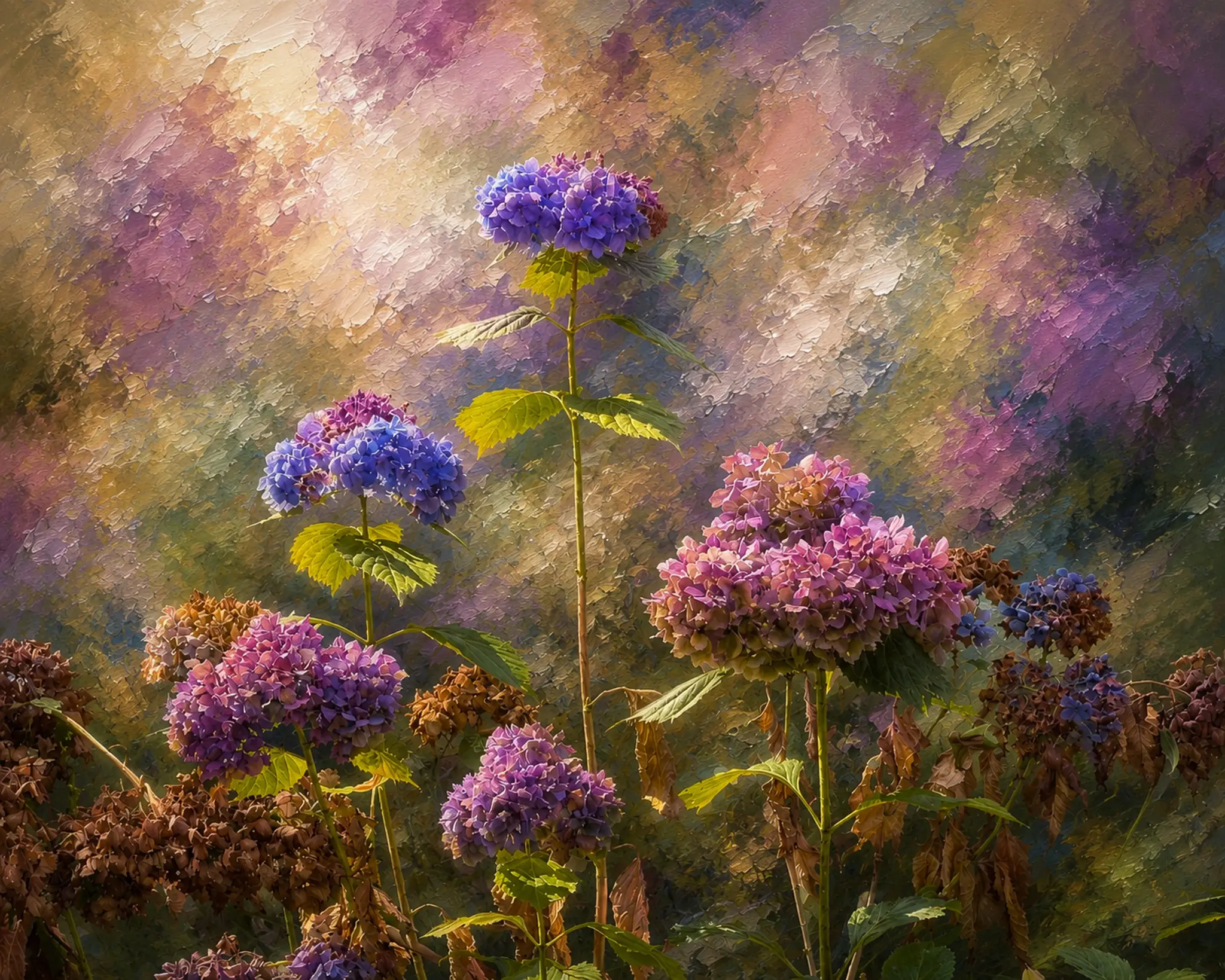 Hortensia wanddecoratie 140x120 mat dibond laatste bloei 1 Laatste Bloei met paarse en blauwe hortensia's tegen schilderachtige achtergrond uit Verborgen Parels van F&M Fine Art
