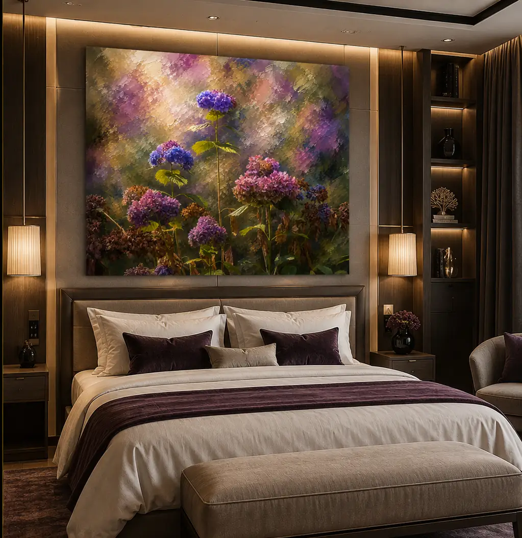 Hortensia wanddecoratie 140x120 mat dibond laatste bloei 3 XXL hortensia wanddecoratie Laatste Bloei boven bed in luxe hotelkamer met warme verlichting