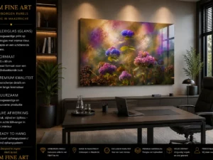 Laatste Bloei plexiglas 120x80 in modern kantoor met informatie over F&M Fine Art Verborgen Parels Made in Maastricht