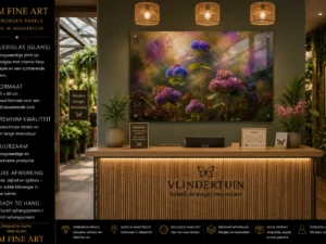 Laatste Bloei botanische wanddecoratie op plexiglas 120x80 bij de entree van een vlindertuin