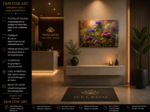 Laatste Bloei op glanzend plexiglas 90x60 in warme wellnessentree met informatie over F&M Fine Art Verborgen Parels