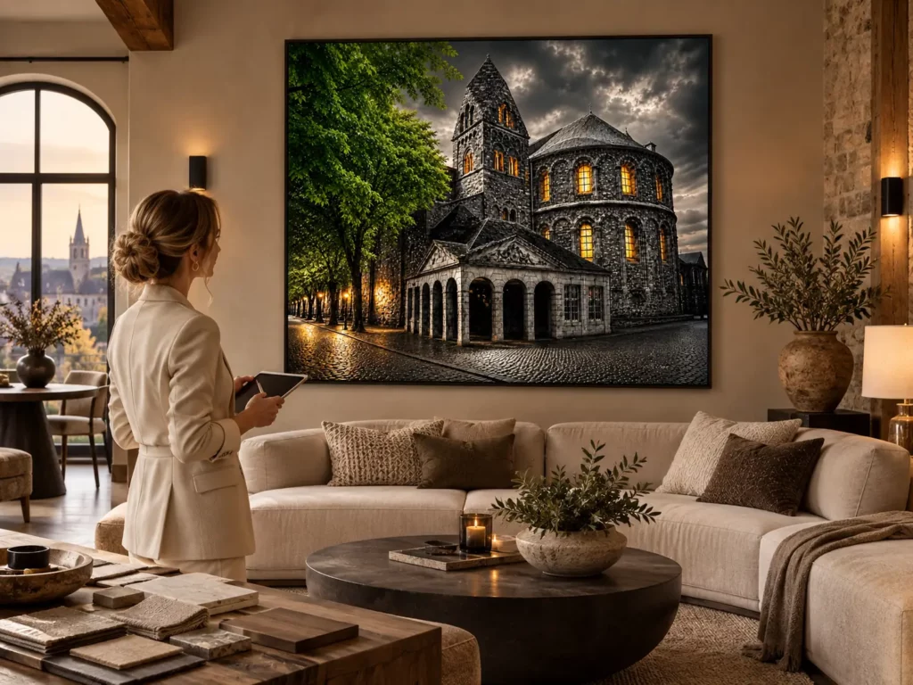 Interieurstylist bekijkt Maastrichtse Fine Art wanddecoratie in een warm interieur van F&M Fine Art.