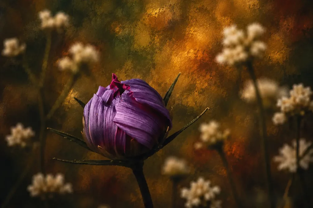 Macrofotografie van paarse bloem met schilderachtige achtergrond als Fine Art wanddecoratie
