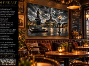 Markt Maastricht Dibond 120x80 cm in sfeervol restaurant met warme verlichting en donkere inrichting