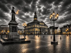 Markt Maastricht Fine Art op Dibond 90x60 cm met stadhuis, donkere wolken en warme verlichting