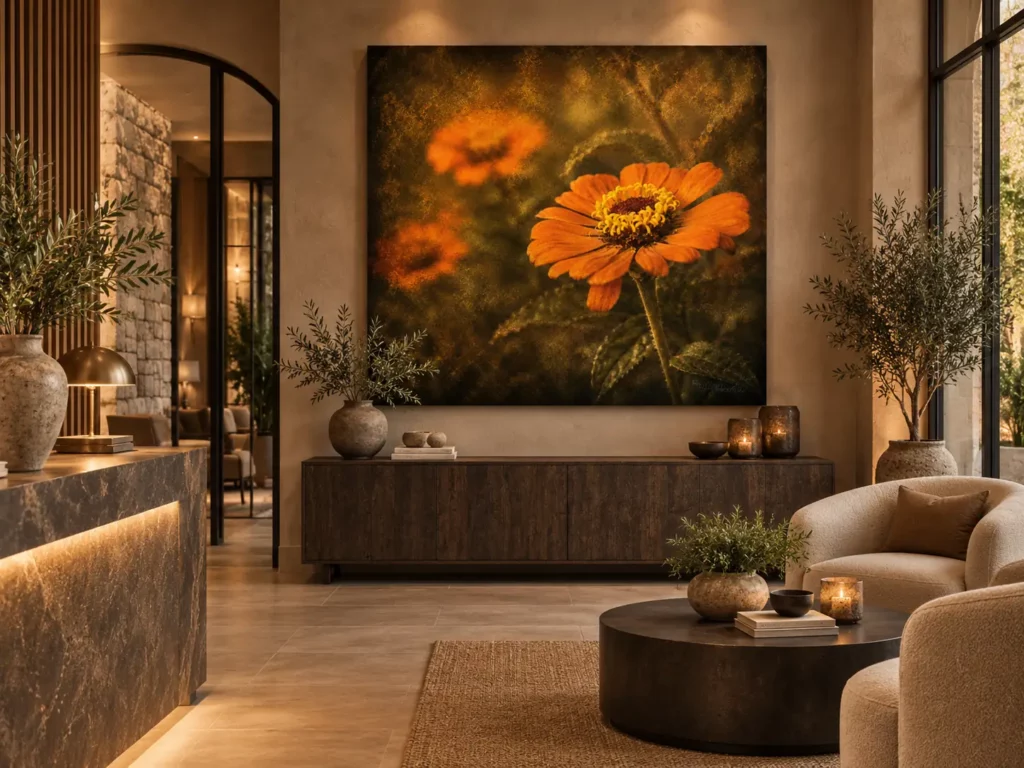 Grote oranje bloemenwanddecoratie van F&M Fine Art in een luxe zakelijke ontvangstruimte.