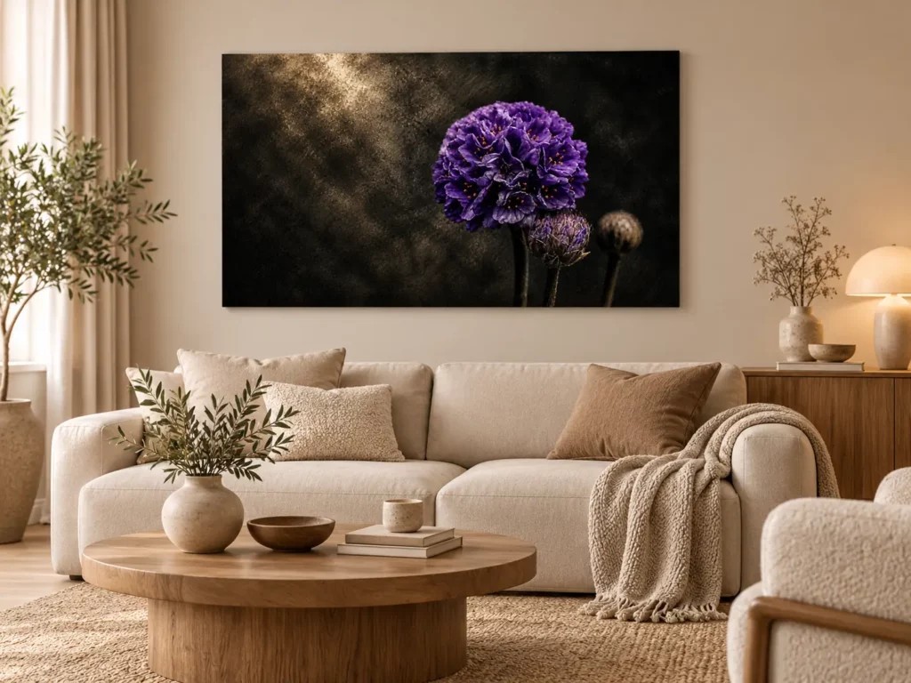 Paarse bloemenwanddecoratie op Dibond boven een beige bank in een rustig natuurlijk interieur.