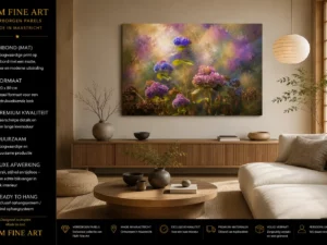 Paarse Verleiding bloemen wanddecoratie op Dibond 120x80 in een warme Japandi woonkamer