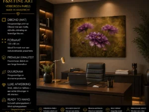 Paarse Verleiding op mat Dibond 120x80 in stijlvol kantoor met productinformatie van F&M Fine Art Verborgen Parels