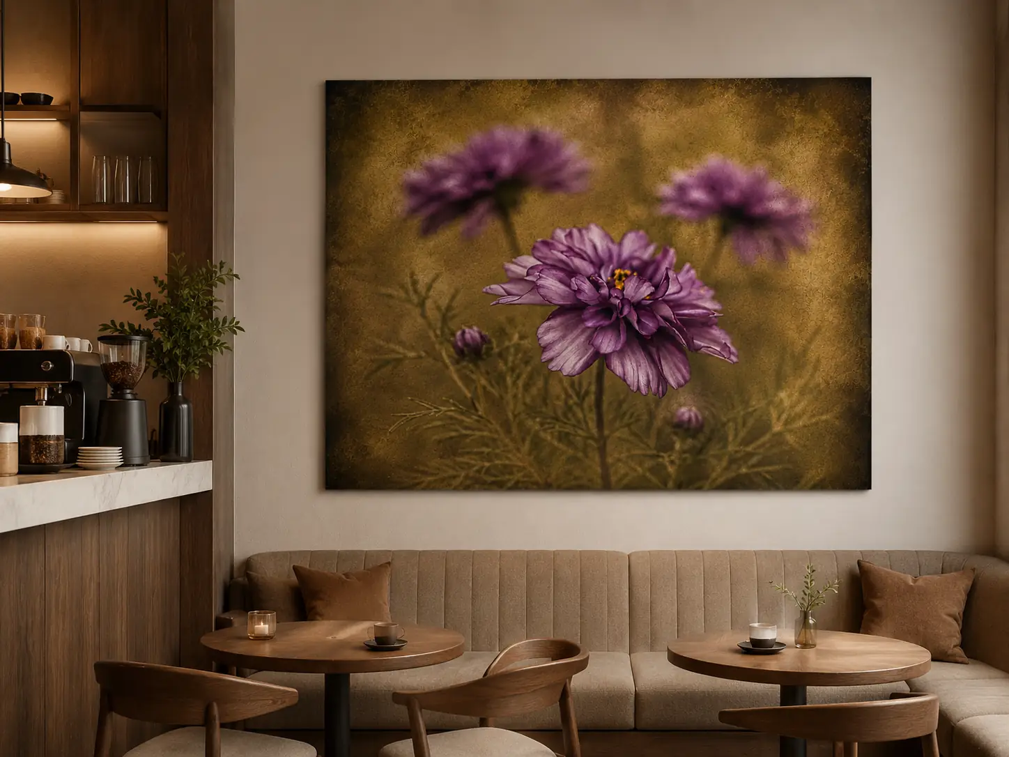 Bloemen wanddecoratie Dibond 140x120 Paarse Verleiding 3 Paarse Verleiding als bloemen wanddecoratie Dibond 140x120 in warm café-interieur met hout en zachte verlichting