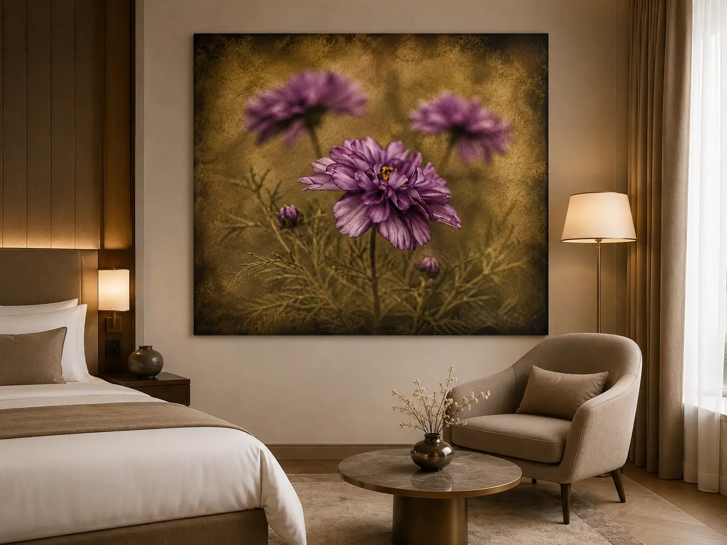Bloemen wanddecoratie Dibond 140x120 Paarse Verleiding 2 Paarse bloemen wanddecoratie XXL in warme luxe hotelkamer – Paarse Verleiding van F&M Fine Art
