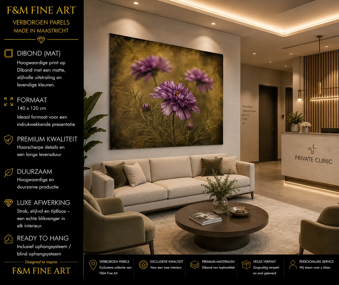 Bloemen wanddecoratie Dibond 140x120 Paarse Verleiding 4 Paarse Verleiding op mat Dibond 140x120 in ontvangstruimte van privékliniek met F&M Fine Art en Verborgen Parels productinformatie
