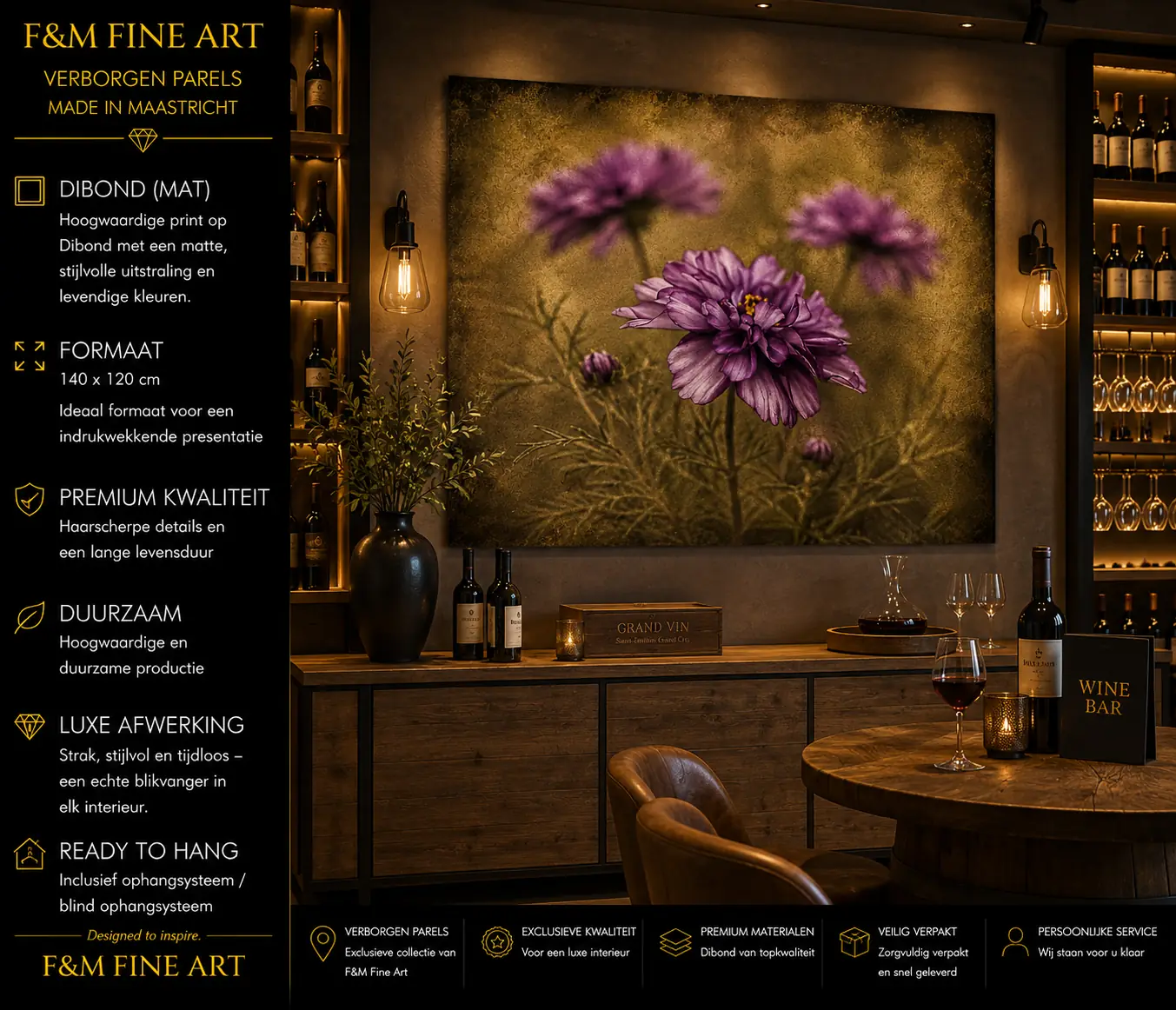Bloemen wanddecoratie Dibond 140x120 Paarse Verleiding 5 Paarse Verleiding uit Verborgen Parels op Dibond 140x120 als exclusieve wanddecoratie in sfeervolle wijnbar