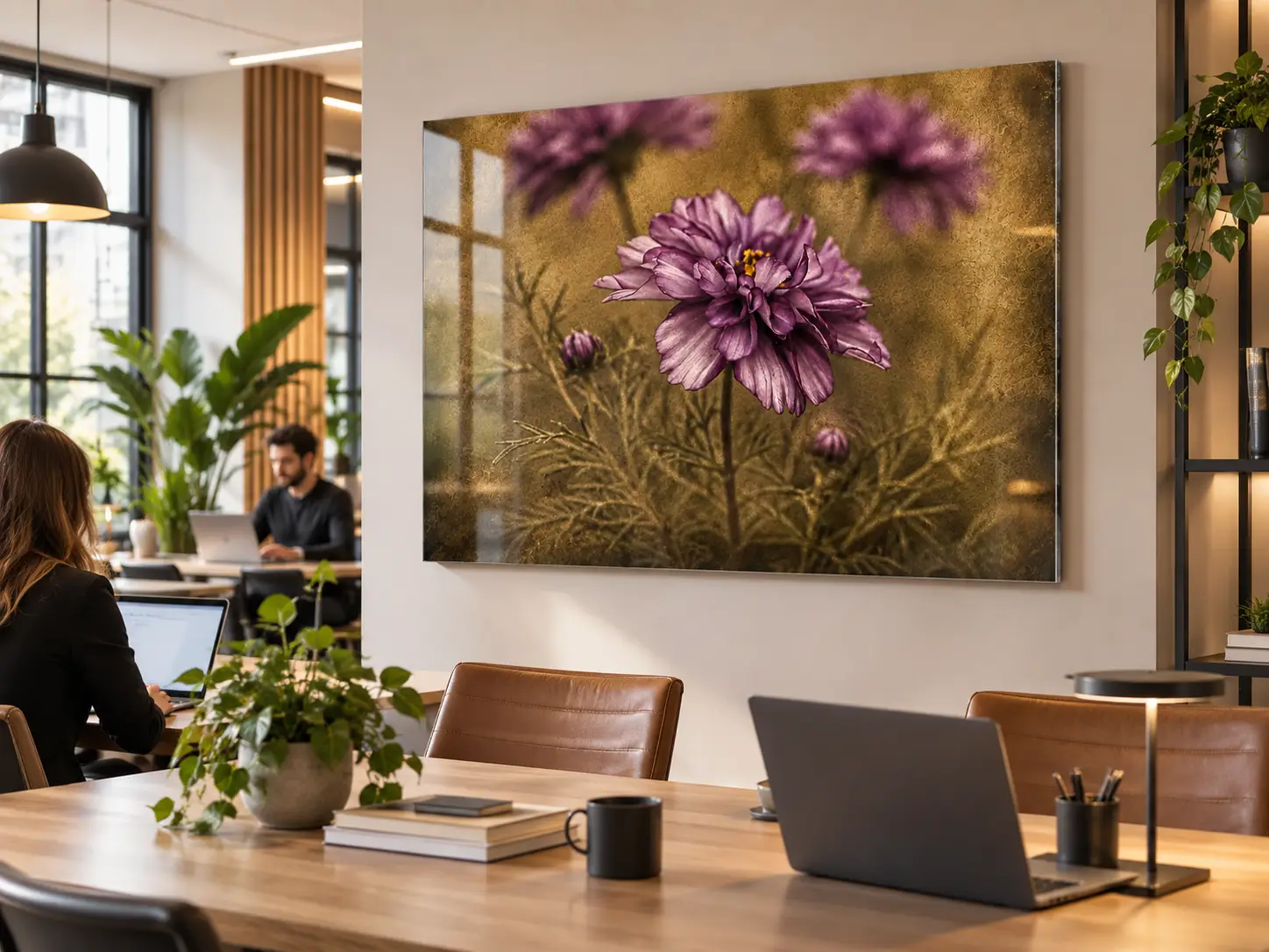 Paarse bloemen wanddecoratie plexiglas 120x80 cm paarse verleiding 2 Paarse Verleiding op glanzend plexiglas 120x80 als botanische wanddecoratie in een modern kantoor