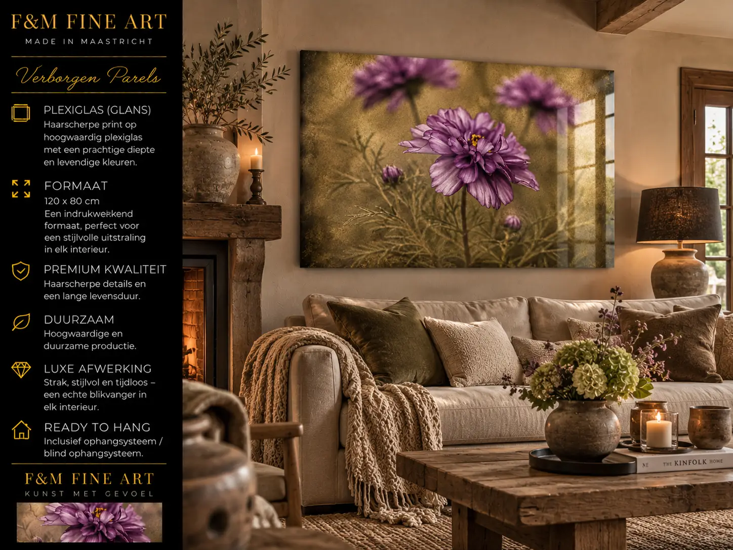 Paarse bloemen wanddecoratie plexiglas 120x80 cm paarse verleiding 4 Paarse Verleiding Plexiglas 120x80 van F&M Fine Art met Verborgen Parels en Made in Maastricht productinformatie in luxe interieur