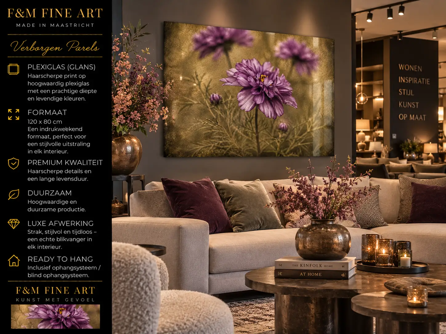 Paarse bloemen wanddecoratie plexiglas 120x80 cm paarse verleiding 5 Paarse Verleiding op plexiglas 120x80 in warme woonkamer, exclusieve bloemen wanddecoratie uit Verborgen Parels van F&M Fine Art
