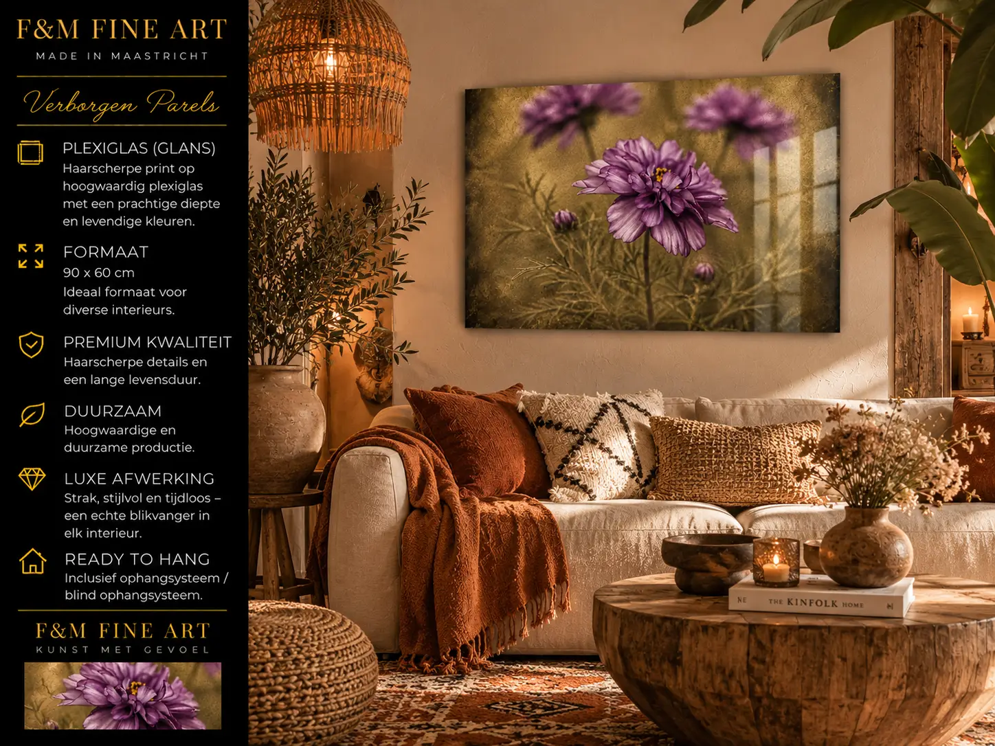 Paarse bloemen wanddecoratie plexiglas 90x60 paarse verleiding 5 Paarse Verleiding plexiglas 90x60 van F&M Fine Art als botanische wanddecoratie in warm bohemian interieur