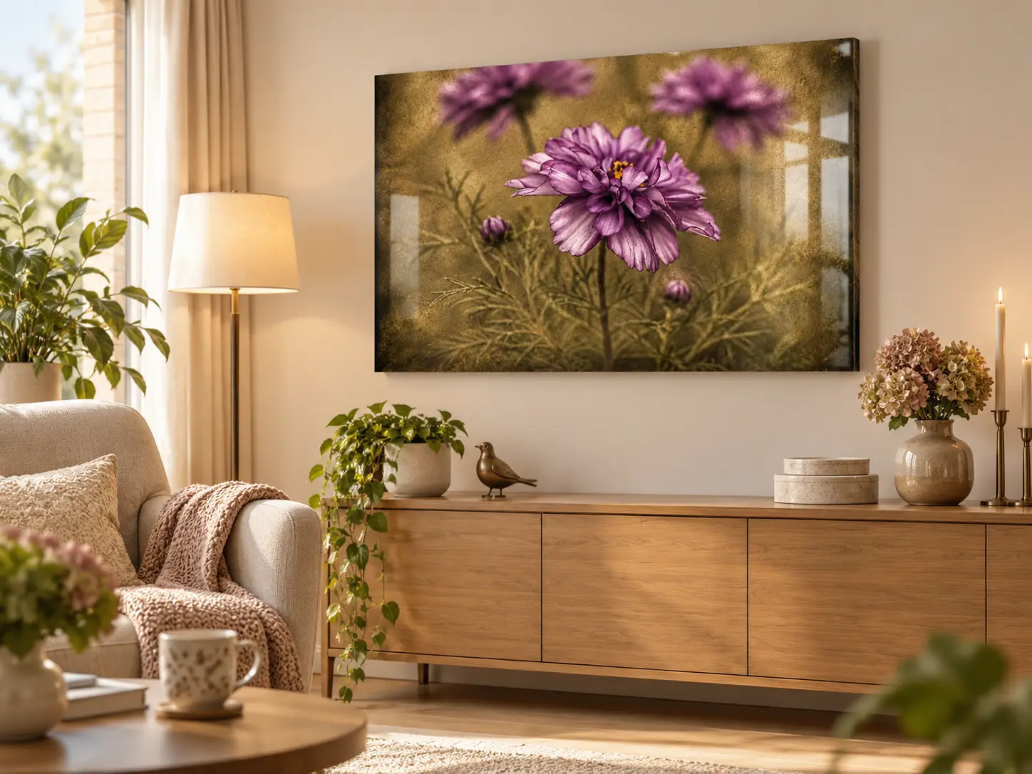 Paarse bloemen wanddecoratie plexiglas 90x60 paarse verleiding 2 Botanisch plexiglas schilderij Paarse Verleiding 90x60 met paarse bloem en warme goudbruine achtergrond in woonkamer