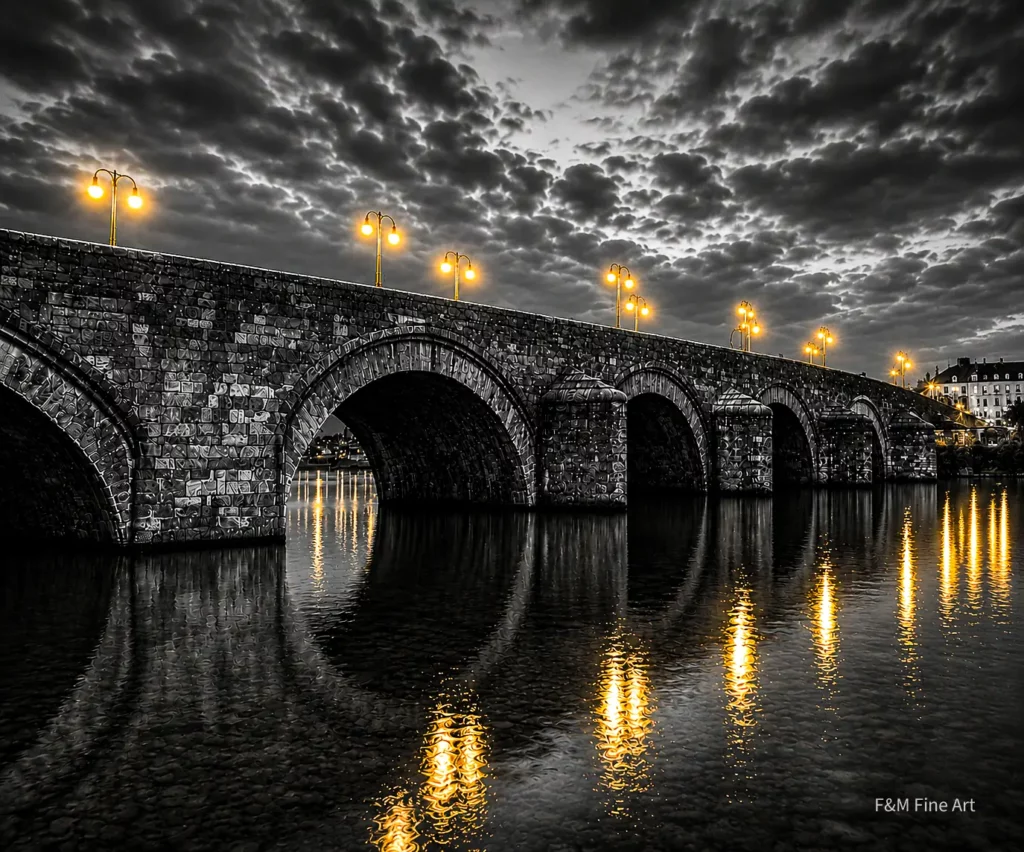 Artistieke wanddecoratie van de Sint Servaasbrug in Maastricht met sfeervol licht en reflecties op de Maas