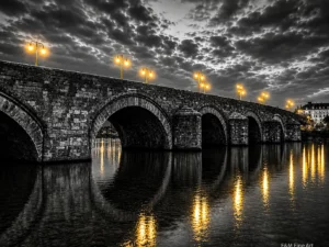 Sint Servaasbrug Maastricht Fine Art op Dibond 140x120 cm met goudkleurige lantaarns en reflecties in de Maas