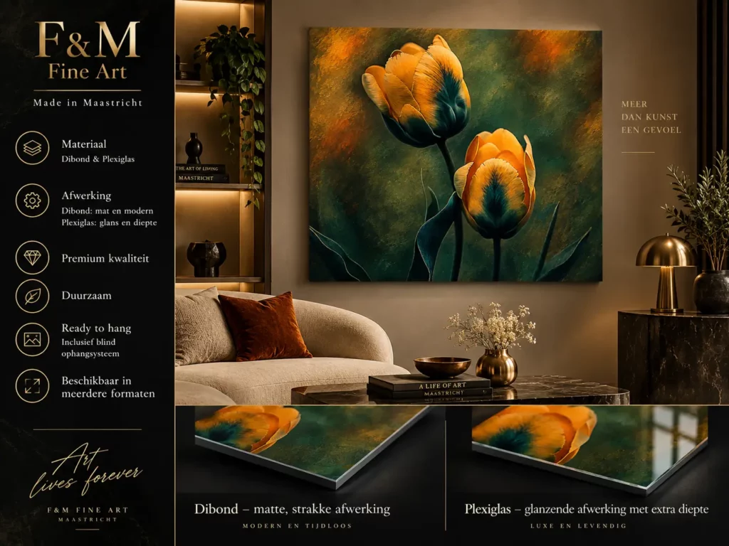 F&M Fine Art materiaalpresentatie met oranje tulpenkunst op mat Dibond en glanzend plexiglas.
