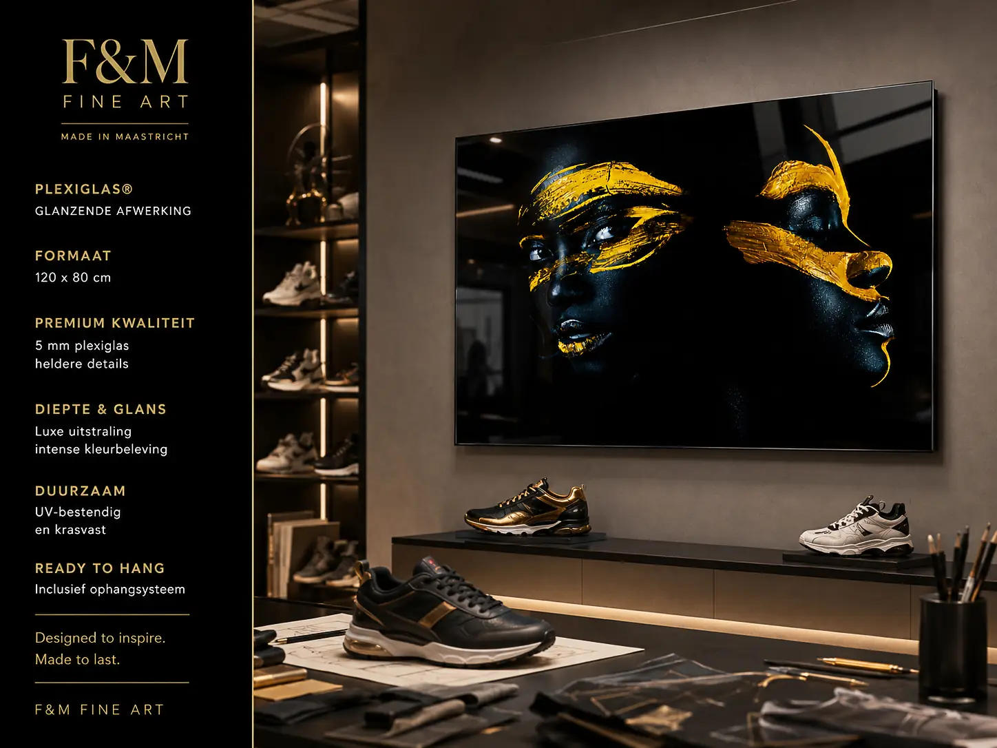 wanddecoratie zwart goud portret plexiglas 120x80 4 Zwart-gouden portretkunst op plexiglas 120×80 cm in een moderne sneaker- en designstudio – F&M Fine Art Decoratie