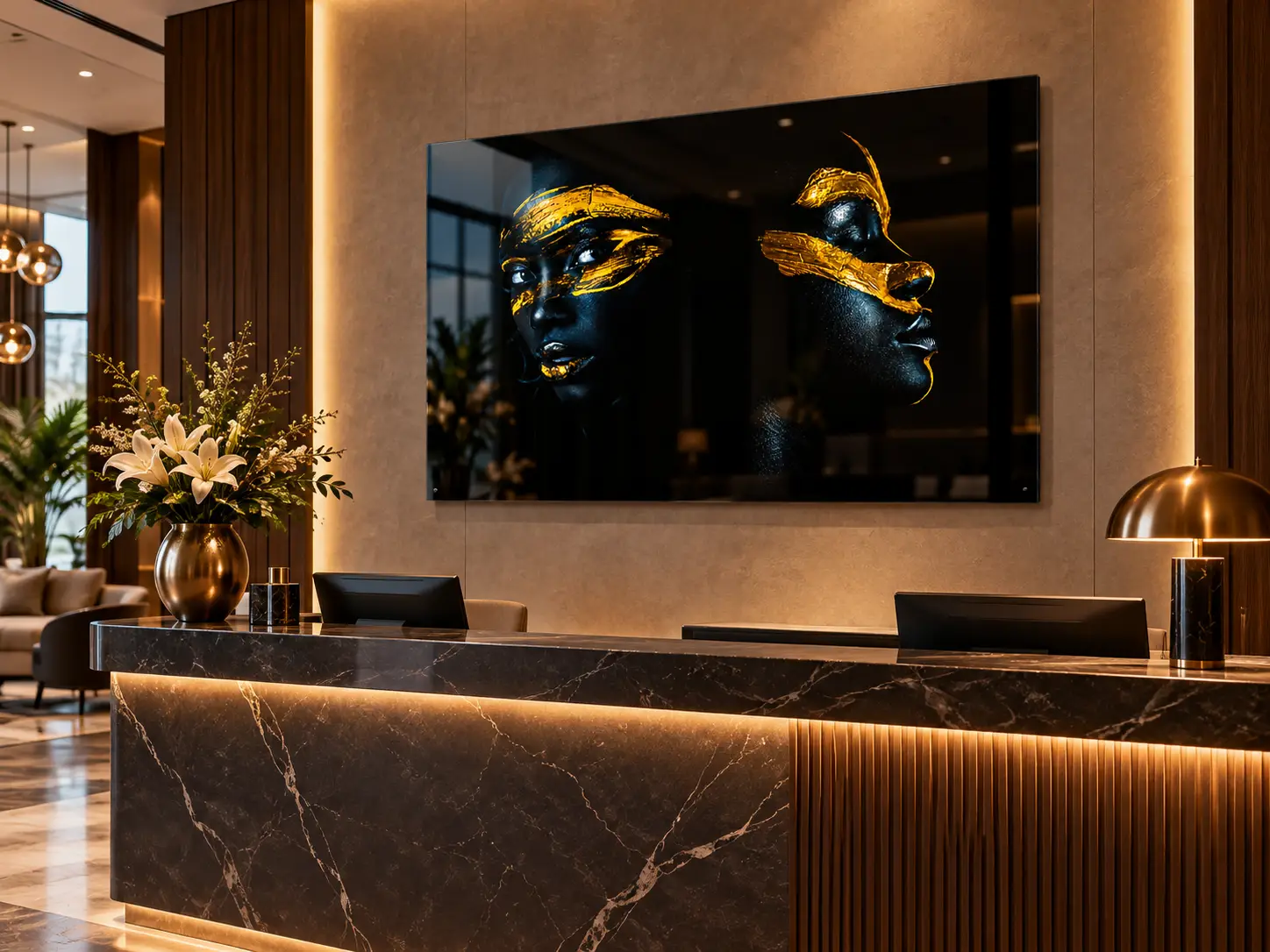 wanddecoratie zwart goud portret plexiglas 120x80 2 Zwart-gouden plexiglas wanddecoratie 120×80 cm met twee vrouwelijke portretten achter een luxe hotelreceptie