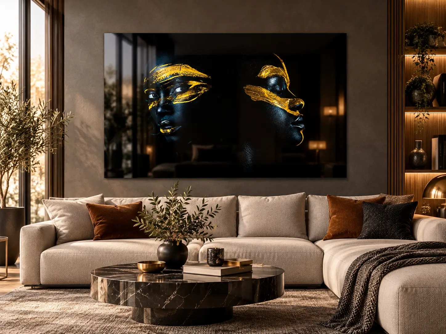 wanddecoratie zwart goud portret plexiglas 120x80 3 Zwart-gouden portretkunst op glanzend plexiglas 120×80 cm boven een beige bank in een luxe woonkamer