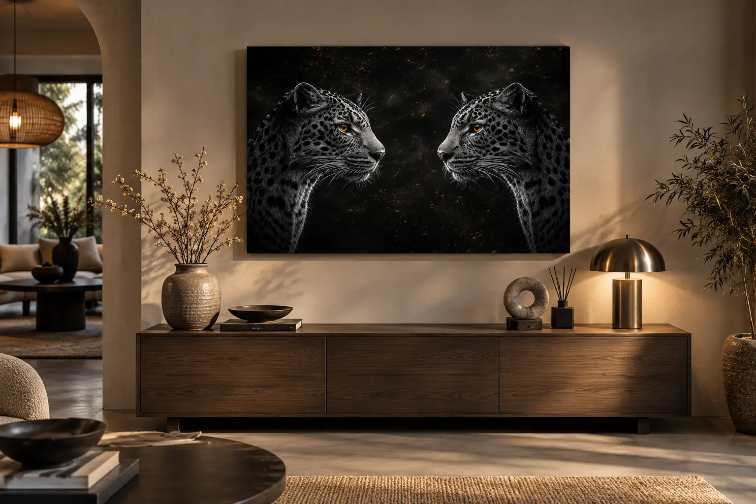 Panters wanddecoratie canvas 90x60 5 Canvas wanddecoratie 90×60 cm met twee zwarte panters boven een houten dressoir in een Japandi woonkamer