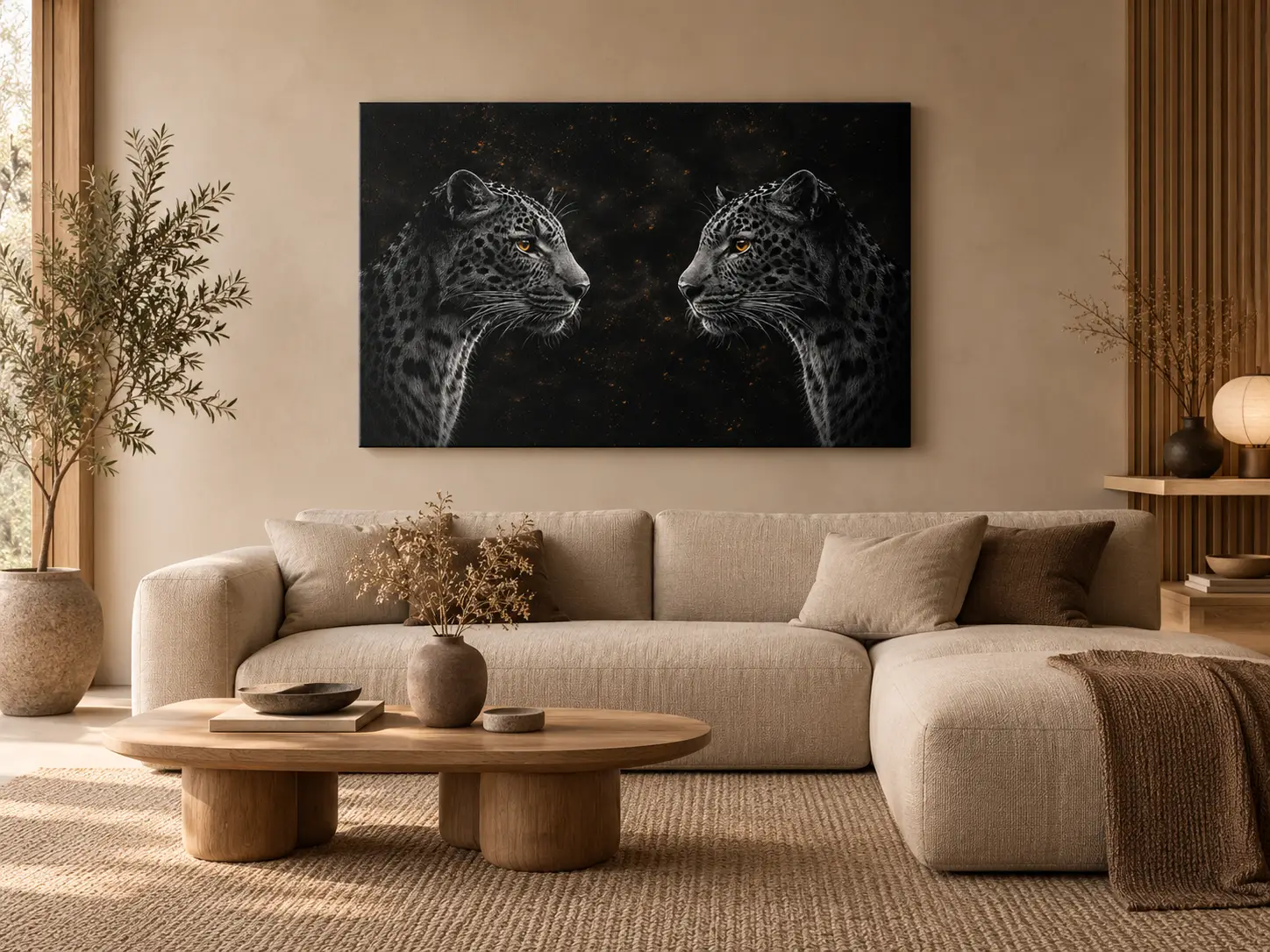 Panters wanddecoratie canvas 90x60 2 Zwarte panters op canvas 90×60 cm boven een beige bank in een modern Japandi interieur – F&M Fine Art