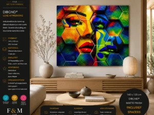 Chromatic Faces op Dibond 140x120 met spacers in een Japandi woonkamer
