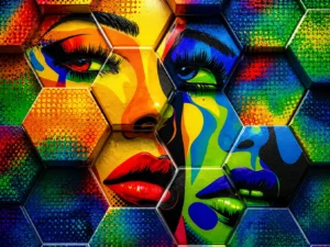 kleurrijk vrouwenportret op Dibond 140x120 cm Chromatic Faces met hexagonstructuur