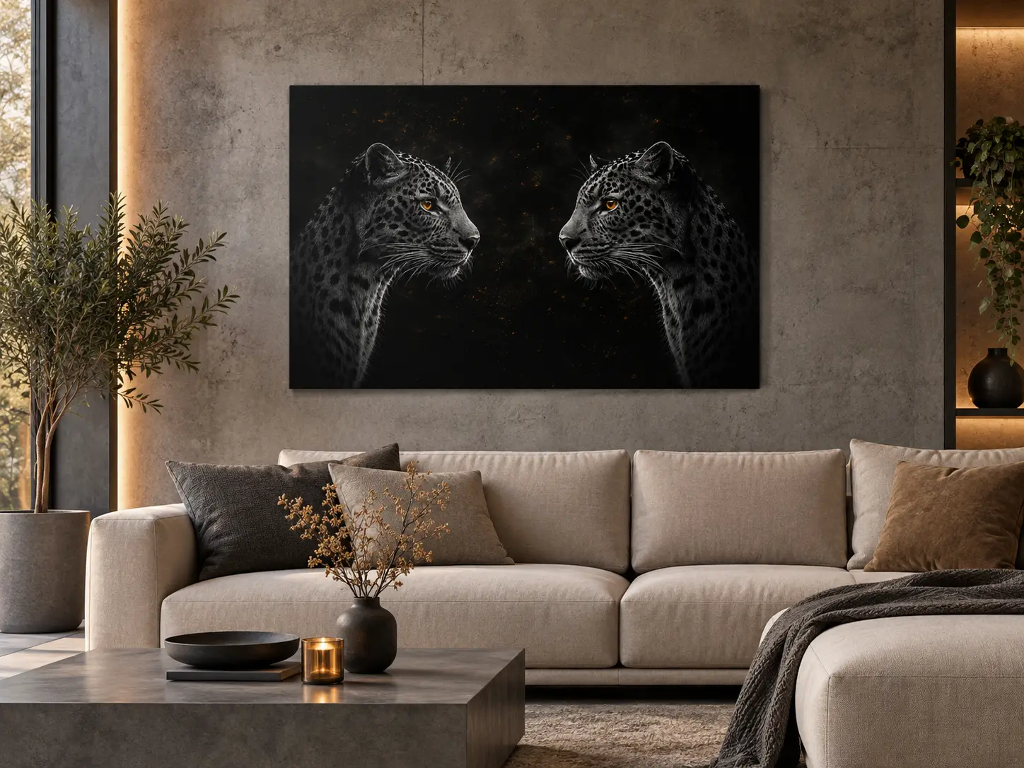 Panters wanddecoratie dibond 90x60 3 Dibond wanddecoratie 90×60 cm met twee zwarte panters