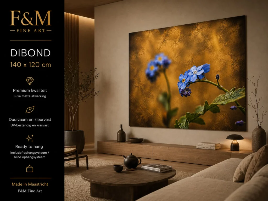 Groot mat Dibond schilderij boven de bank in een moderne woonkamer