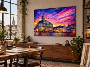 Kleurrijk kunstwerk van de Markt in Maastricht op mat Dibond 90×60 cm boven een donker dressoir in een interieurstudio met materiaalstalen op tafel.