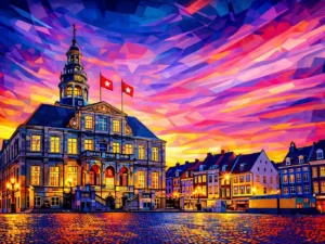 Kleurrijke artistieke voorstelling van de Markt in Maastricht met het verlichte stadhuis, een geometrische avondlucht en warme lichtreflecties op het plein.