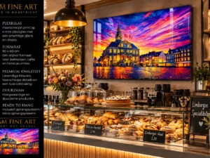 Kleurrijk kunstwerk van de Markt in Maastricht op plexiglas 90×60 cm boven een bakkerijbalie met brood en gebak, met een zwarte informatiebalk links.