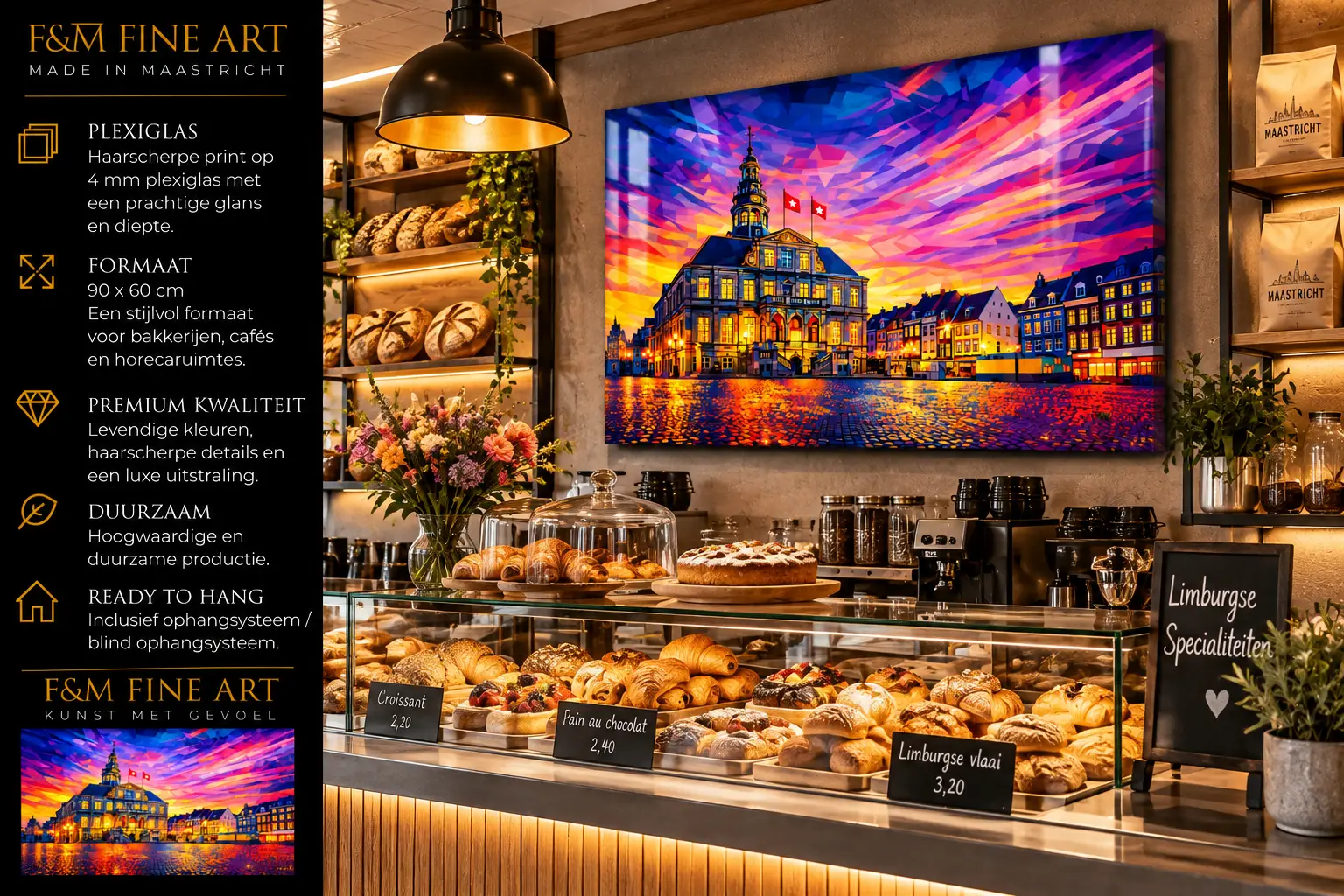 Markt Maastricht plexiglas 90×60 cm 4 Kleurrijk kunstwerk van de Markt in Maastricht op plexiglas 90×60 cm boven een bakkerijbalie met brood en gebak, met een zwarte informatiebalk links.