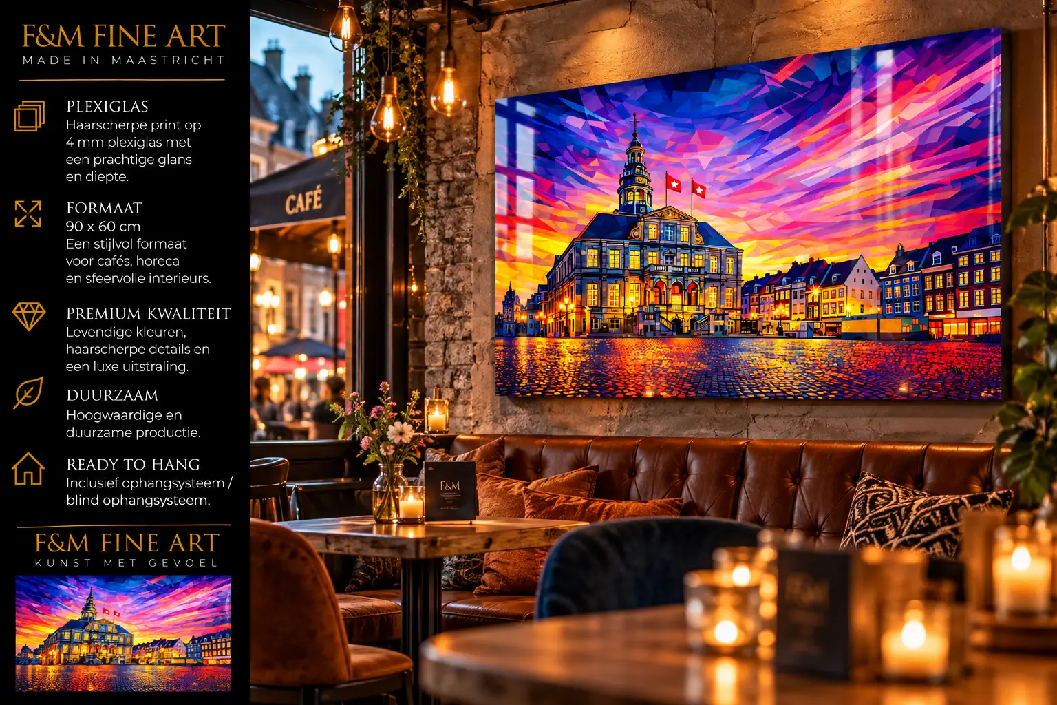 Markt Maastricht plexiglas 90×60 cm 5 Markt Maastricht op glanzend plexiglas 90×60 cm boven een bruine bank in een sfeervol café, met een zwarte informatiebalk links.