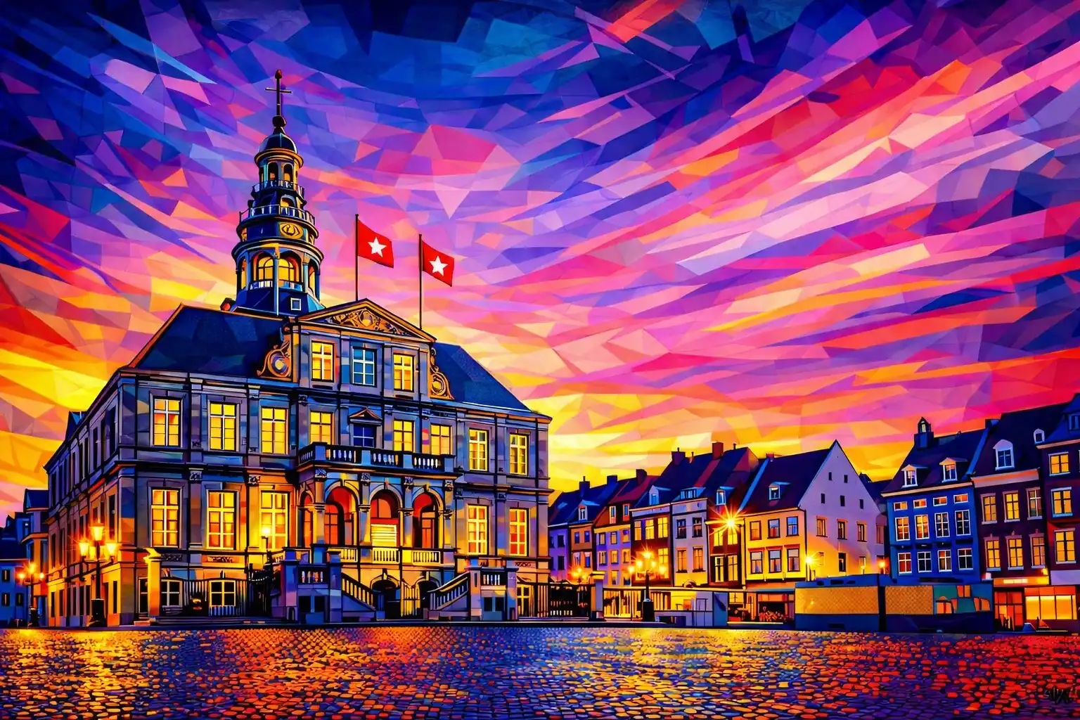 Markt Maastricht plexiglas 90×60 cm 1 Kleurrijke artistieke voorstelling van de Markt in Maastricht met het verlichte stadhuis, een geometrische avondlucht en lichtreflecties op het plein.