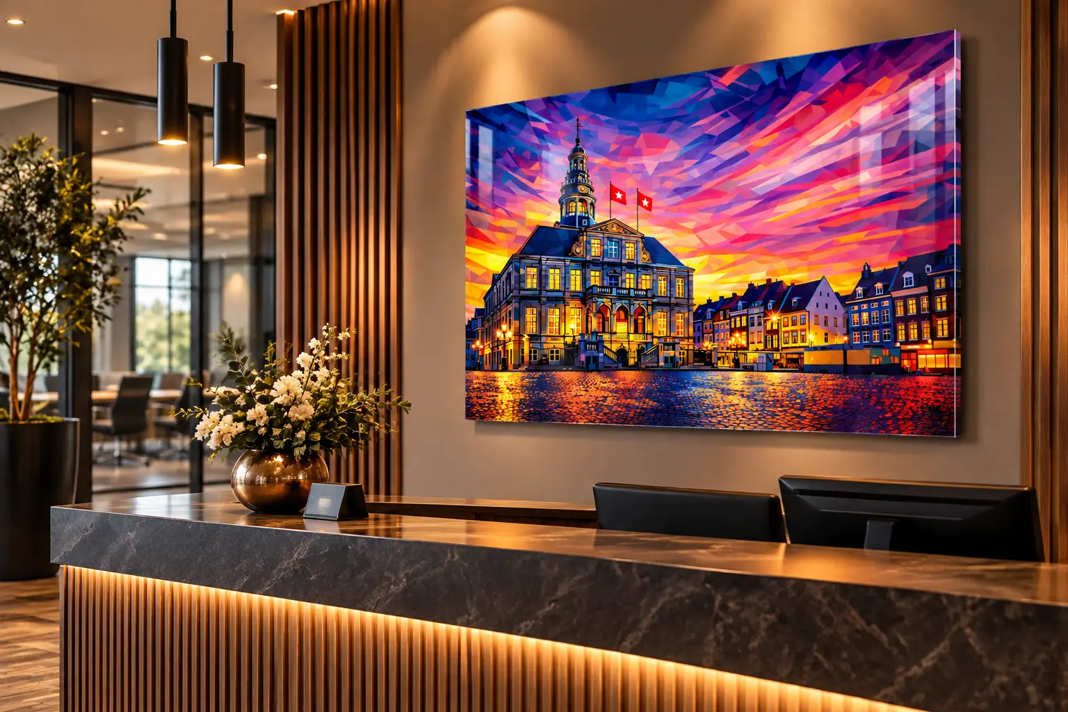 Markt Maastricht plexiglas 90×60 cm 3 Kleurrijk kunstwerk van de Markt in Maastricht op plexiglas 90×60 cm aan de wand achter een moderne receptiebalie met hout en donker steen.