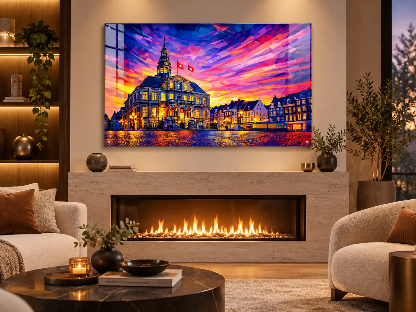 Markt Maastricht plexiglas 90×60 cm 2 Markt Maastricht op glanzend plexiglas 90×60 cm met zichtbare afstandhouders boven een haard in een woonkamer met beige meubels.