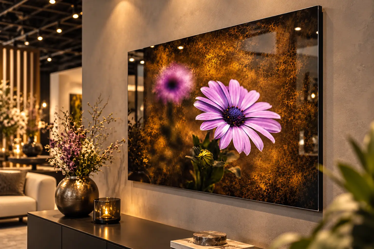 Paarse bloem wanddecoratie plexiglas 120x80 – stille betovering 3 Paarse bloem op plexiglas met warme goudbruine achtergrond, gepresenteerd als luxe wanddecoratie op een interieurbeurs.
